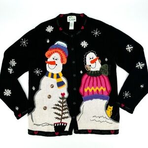 Quaker Factory Fuzzy Snowflake Snowman Knit Ugly Sweater Cardigan
